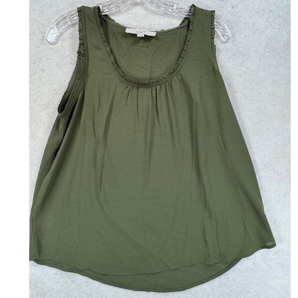 LOFT Olive Green Ruffle Neck Sleeveless Blouse Pleated Tank Top Medium